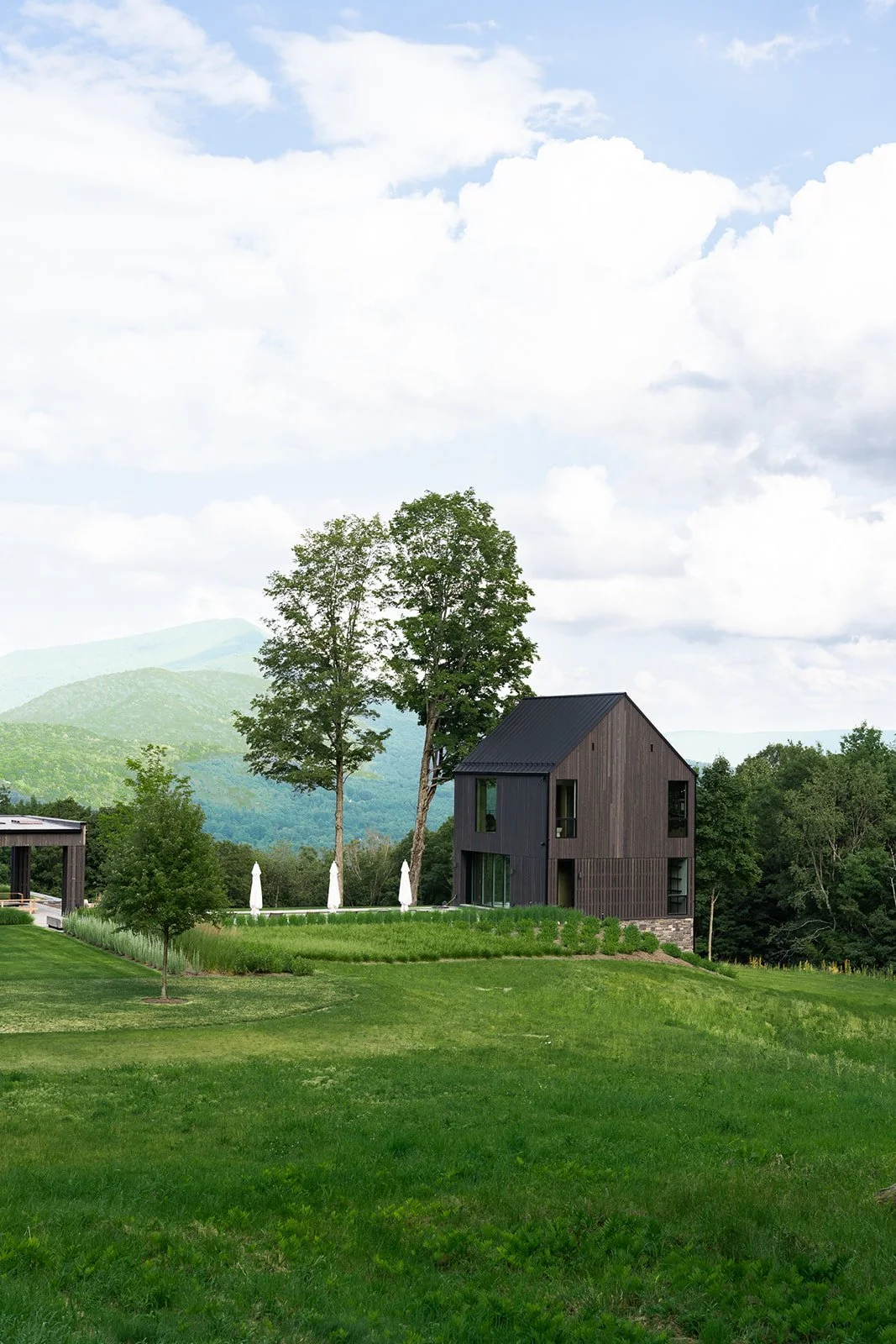 A modern black house with a steep roof and large windows, surrounded by lush green grass and trees, with a backdrop of hills and a partly cloudy sky.