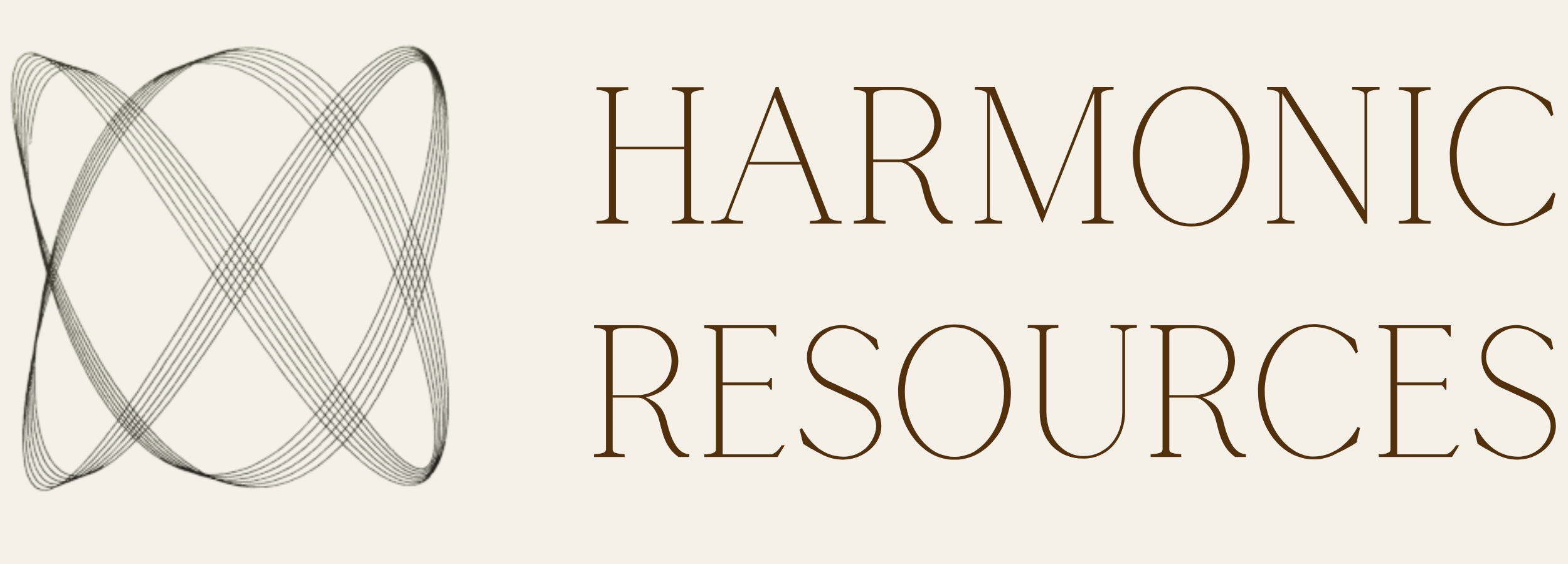 Logo for Harmonic Resources with a geometric, abstract design on the left and the company name in large brown text on a cream background.