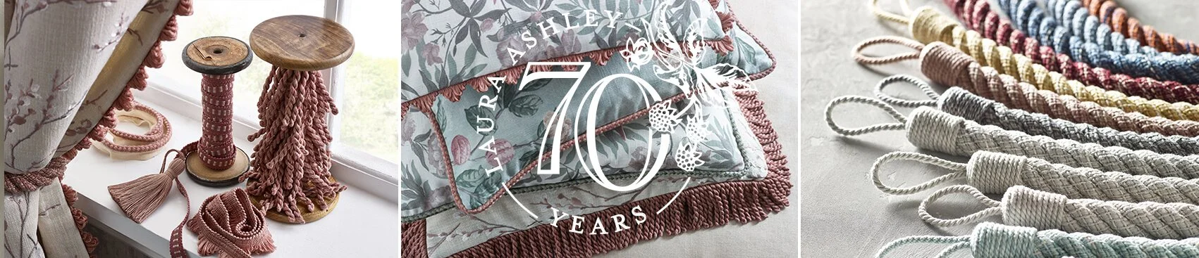 Laura Ashley banner - three images inline. From left to right: Pink trimmings, Laura Ashley floral cushion stack, ten braided tie backs