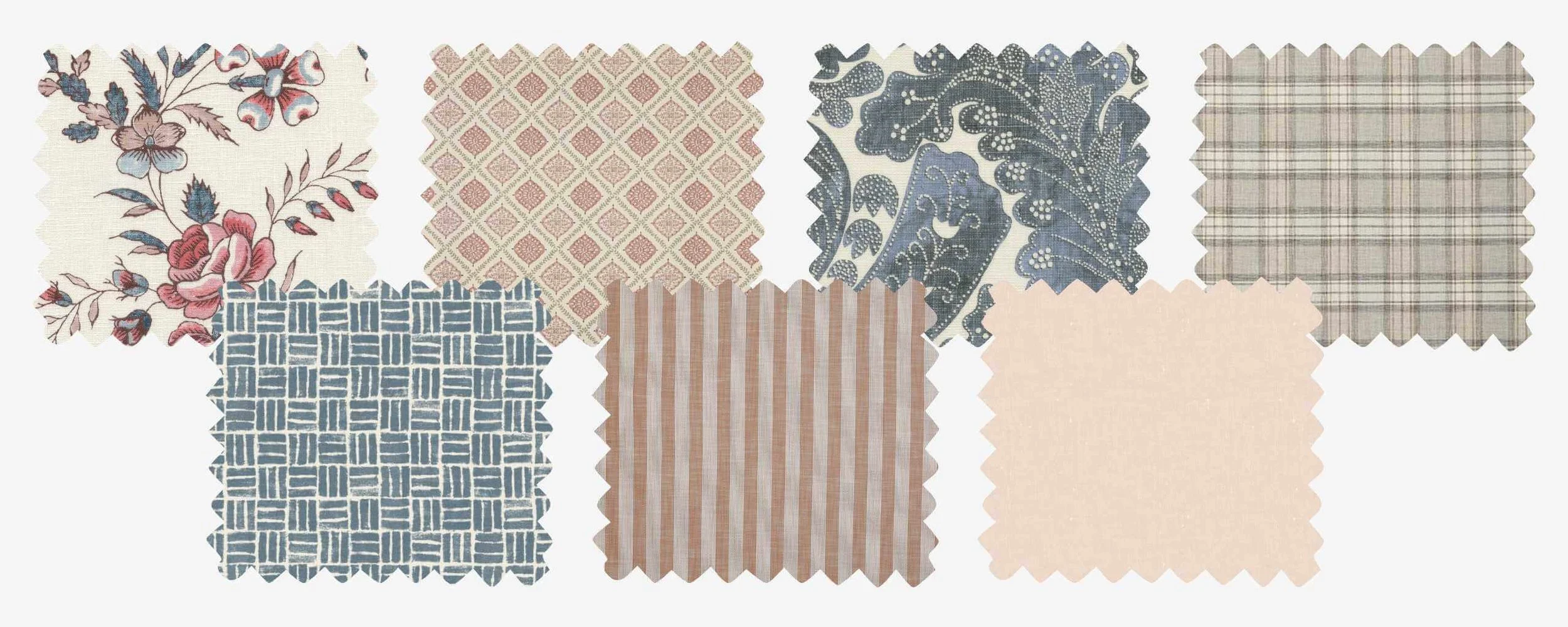 A selection of fabric swatches from a range of our designer fabric suppliers. Lewis and Wood, Ashley Wilde, PT, ILIV and Pure Edit