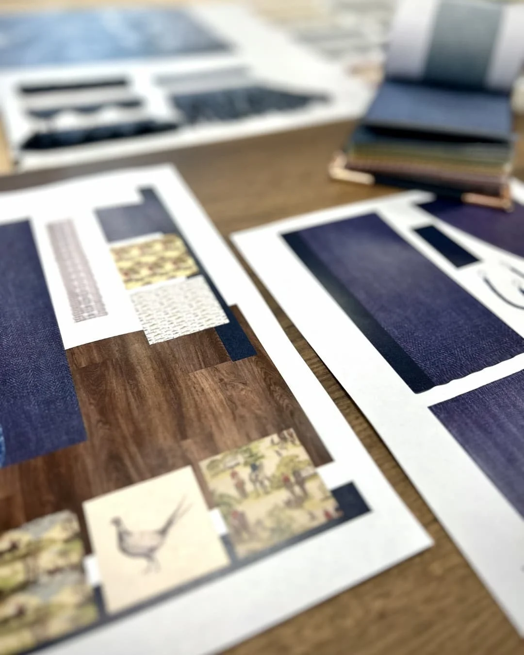 Concept board for the Lower Buck Pub in Waddington a range of fabrics, prints and wood samples