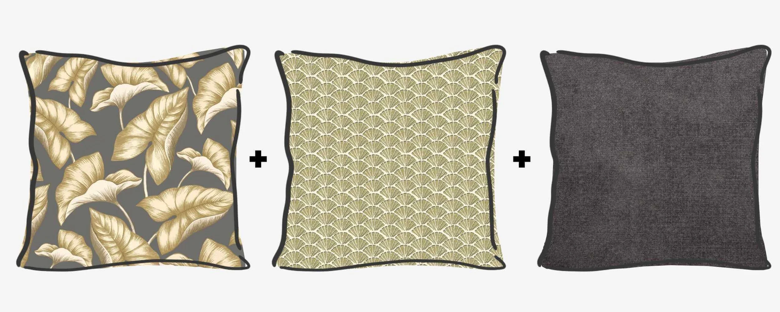 Example cushion design formula 2 - Large scale print, small scale and a plain- all in grey and golden tones