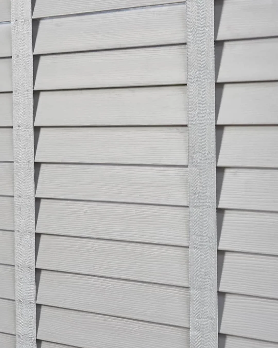 Custom made to measure white grey venetian blinds in faux wood with ribbon