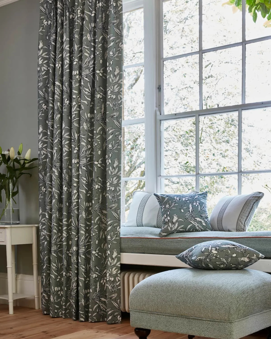 Custom made to measure curtain in Aviary Moss cotton fabric from Prestigious Textiles