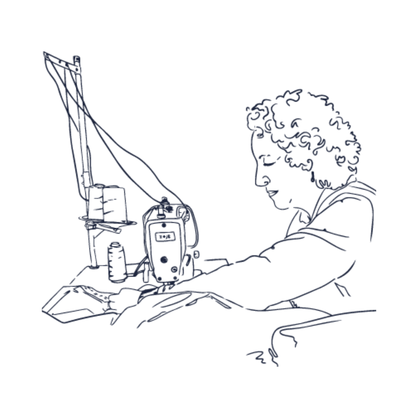 Hand drawn image of a person on an industrial sewing machine