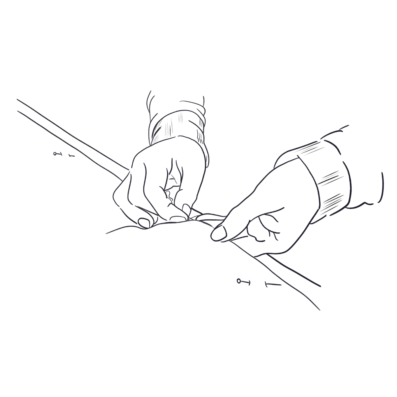 Sketch of Jane's hands sewing lining into a curtain - showcasing our experience and expertise in the textiles industry