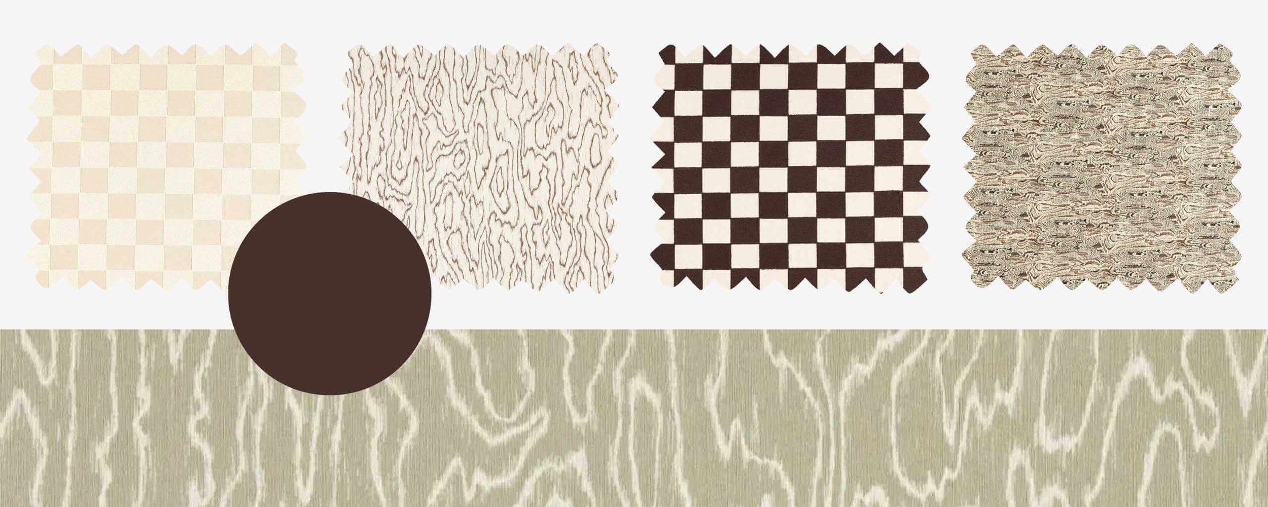 Aconite Interiors collage showcasing pattern layering and remixing using example wallpapers and fabrics from Harlequin