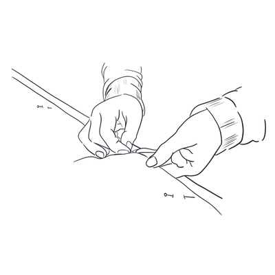 Curtains being handsewn in Clitheroe - Line drawn illustration