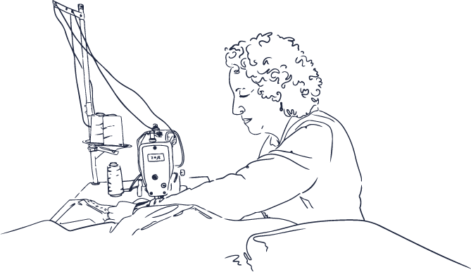 Illustration of Jane Staples sewing a bespoke handmade curtain in the Aconite Interiors Clitheroe workshop