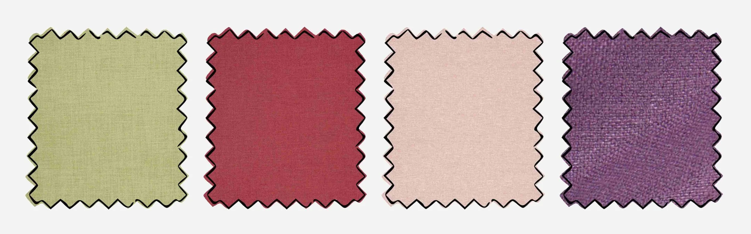 Colourful fabric swatches, from left to right: PT Fabrics Saxon Kiwi, Chilli, Candy and Plum