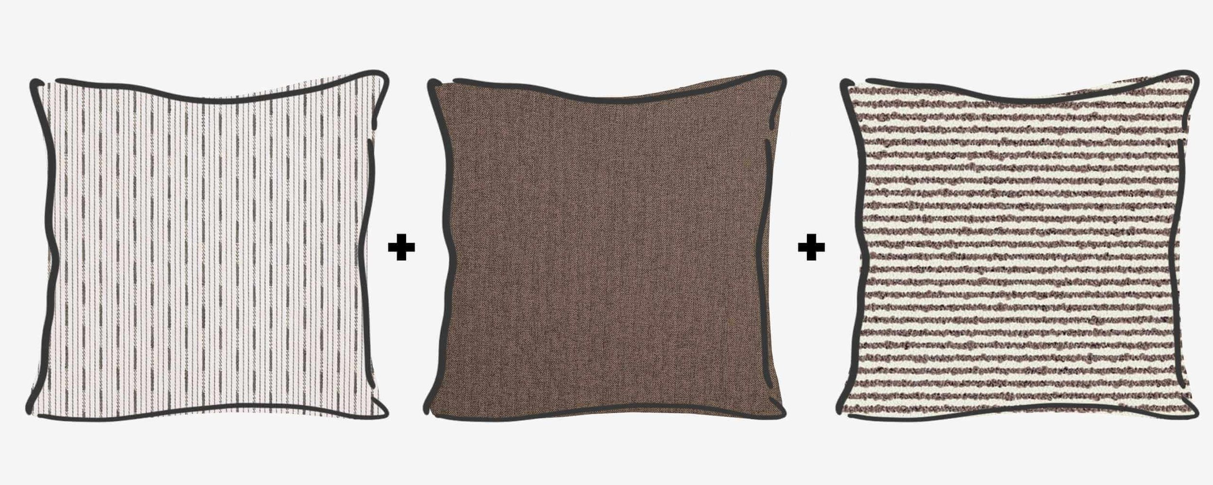 Example cushion design formula 3 - striped woven, plain textured, textured striped woven - all in neutral tones