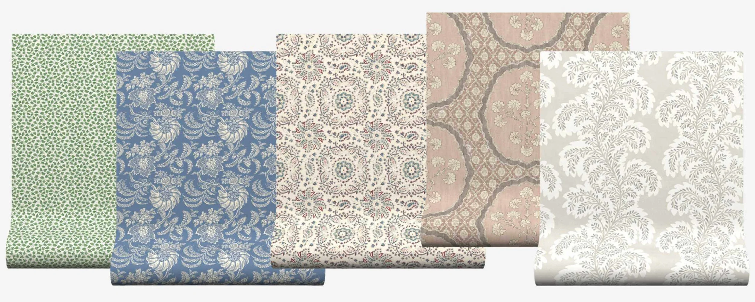 Wallpaper drops from left to right: Leaf Trail in Fern, Avignon in Chambray, Adaline in Ivory, Celeste in Blush, Summerby in Natural - All Warner House via Aconite Interiors.