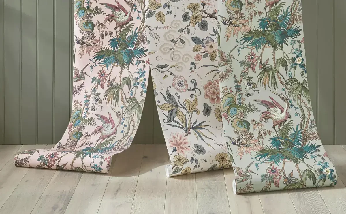 Three drops of wallpaper from Warner House - Pink, Ivory and Duck Egg with tropical type prints