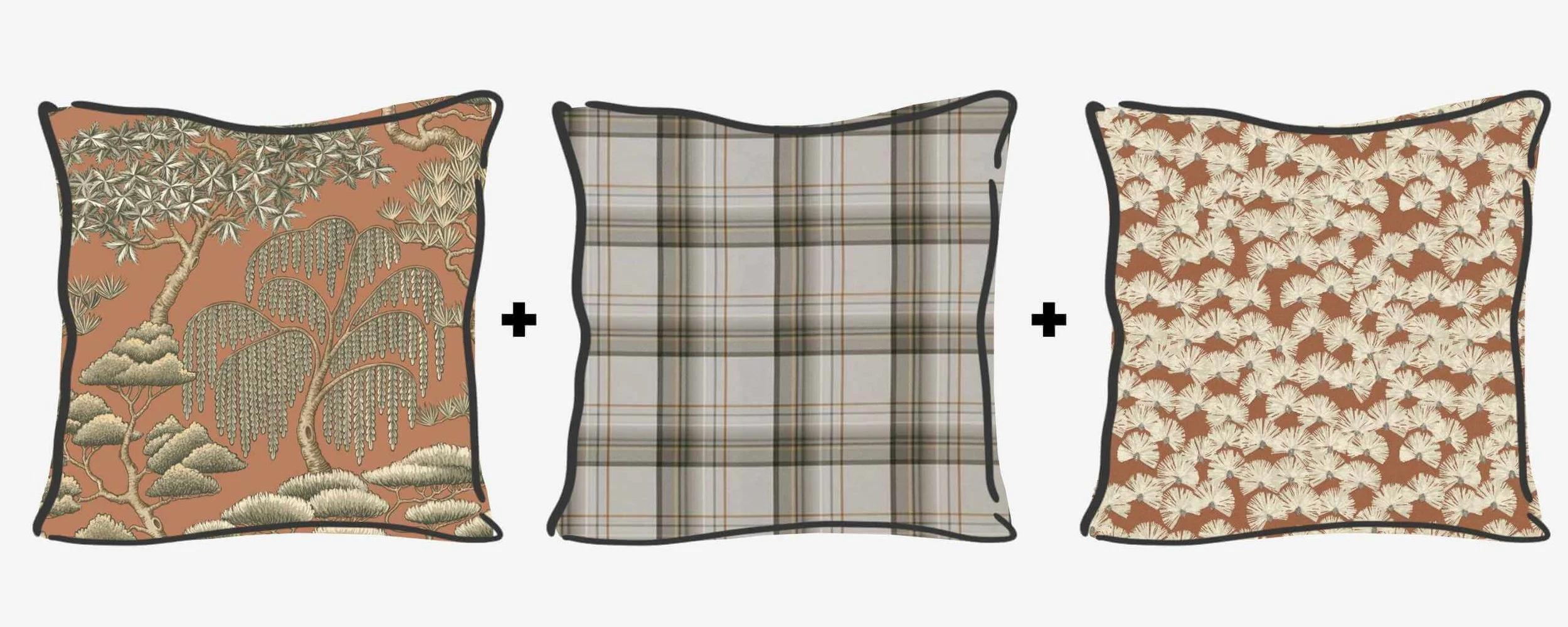 Example cushion design formula 1 - Large scale print, plaid and small scale - all in Autumnal tones
