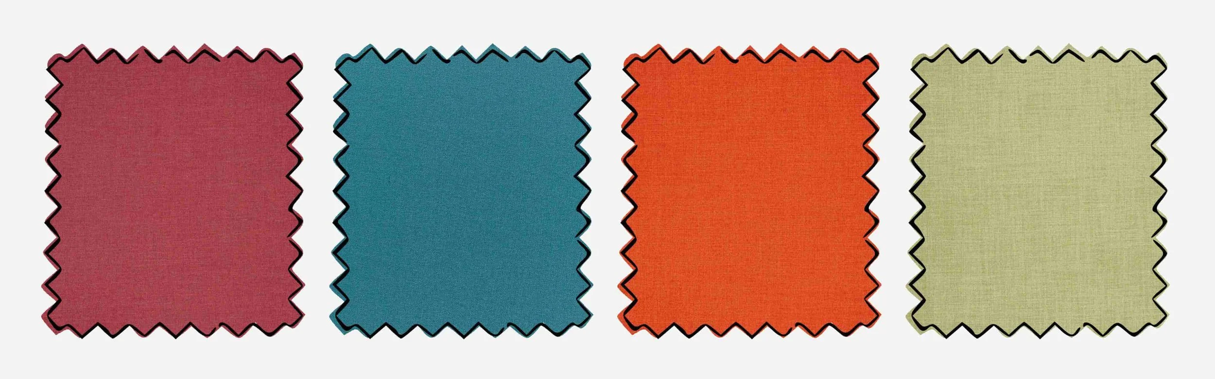 Colourful fabric swatches, from left to right: PT Fabrics Saxon Chilli, Style Pacific, Saxon Jaffa and Saxon Wasabi
