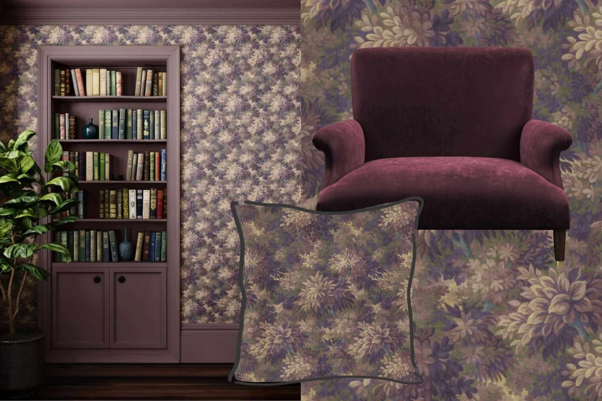 The Maximalist Approach mood board. Warner House Wallpaper, Cushions, Curtains and Chair.