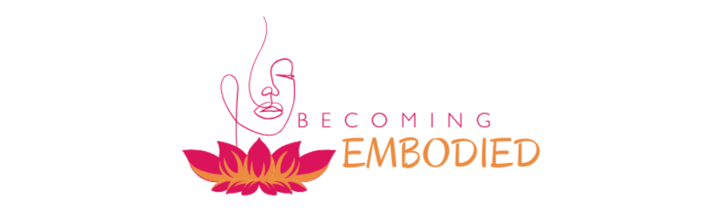 Logo with a stylized pink and orange lotus flower, the words 'BECOMING EMBODIED' in bold letters, and a line drawing of a woman's face and a lotus flower.