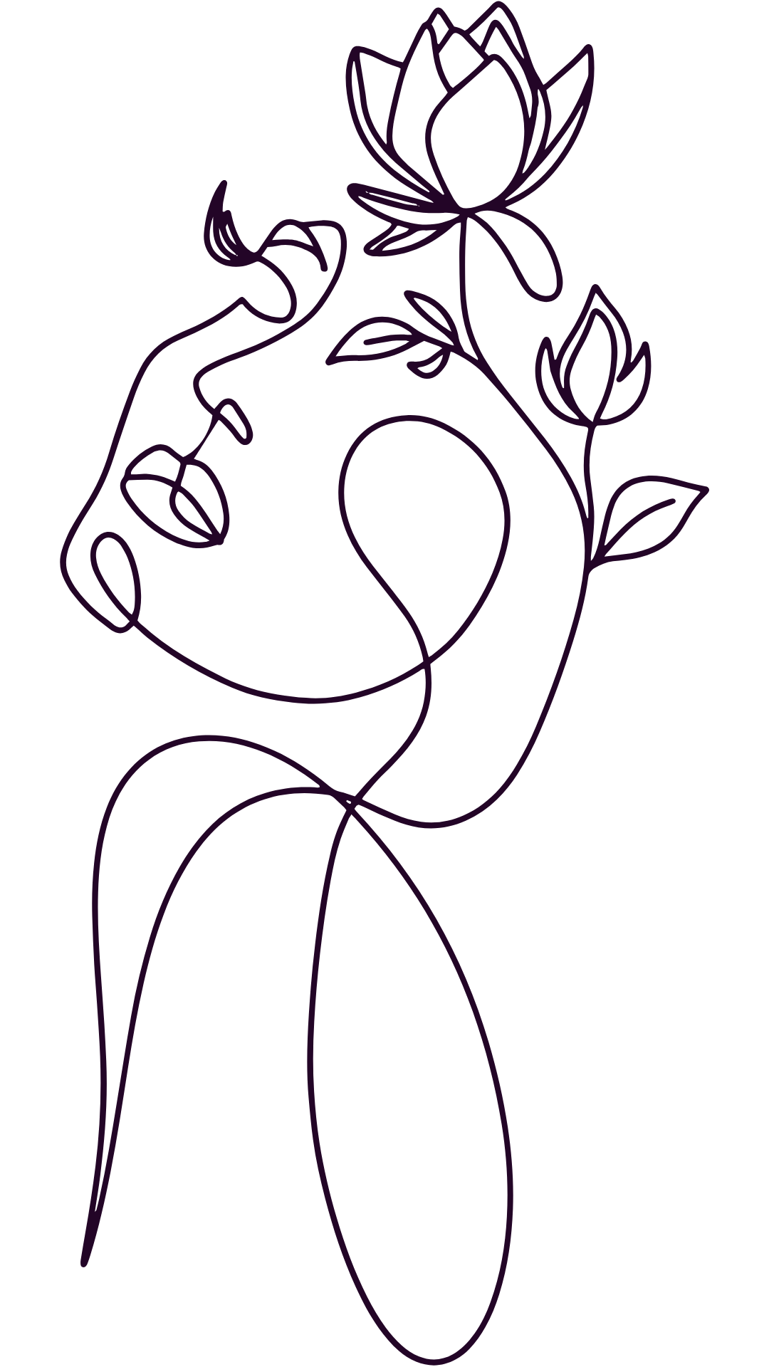 A minimalist line art drawing of a woman's face and shoulders with a flower with multiple blooms and leaves, drawn in purple on a white background.