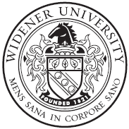 Widener University seal featuring a lion, shield, and decorative elements with the motto 'Mens Sana in Corpore Sano'.
