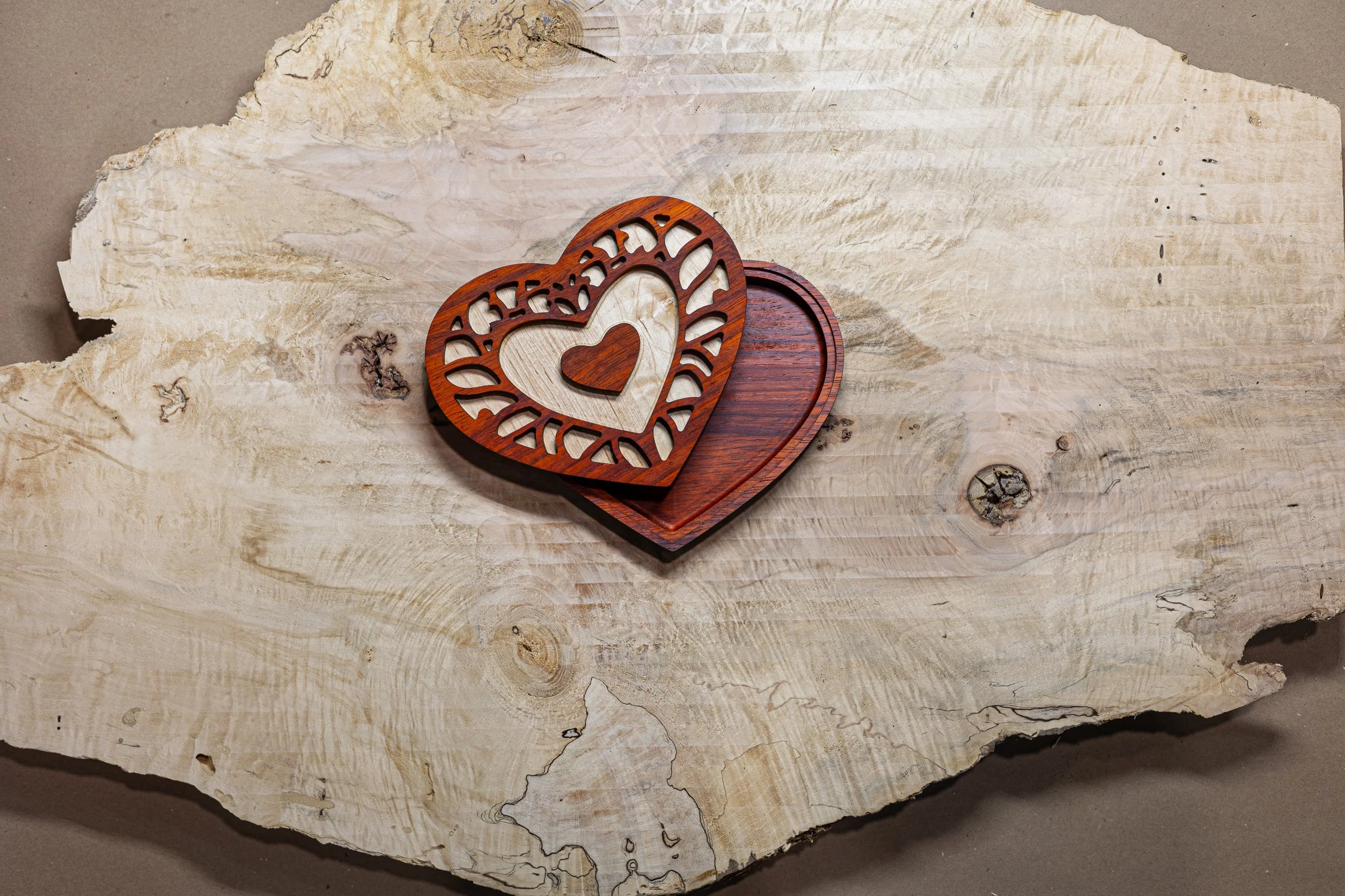 Handcrafted Heart Jewelry Dish with Lid – Padauk & Maple Wood