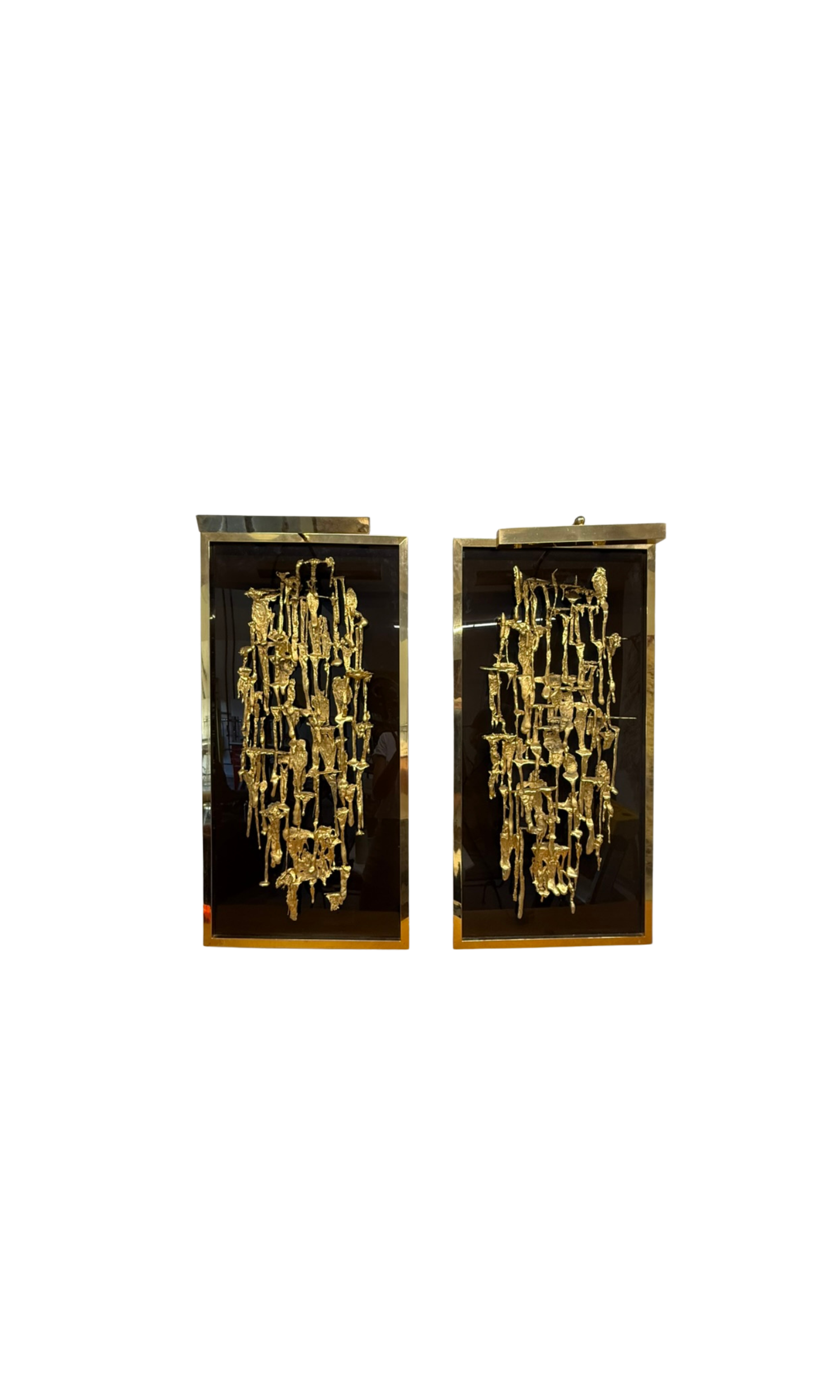 Mid-Century Brutalist Illuminated Brass Wall Panels – A Pair