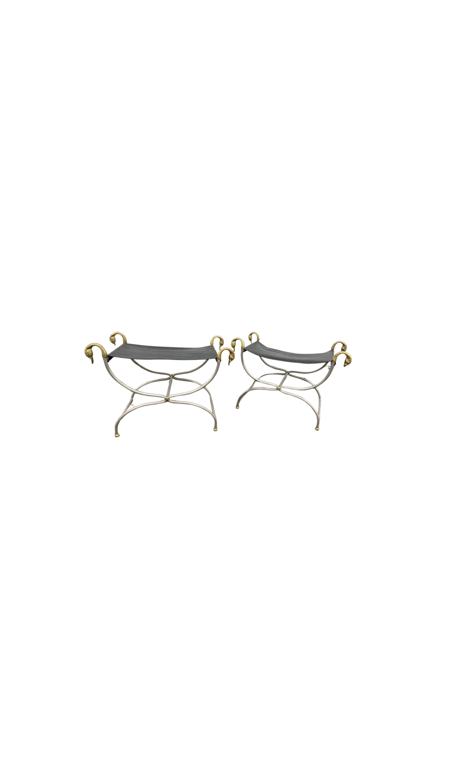 SOLD - Pair of Vintage Maison Jansen Style Brass Swan & Leather Curule Stools
