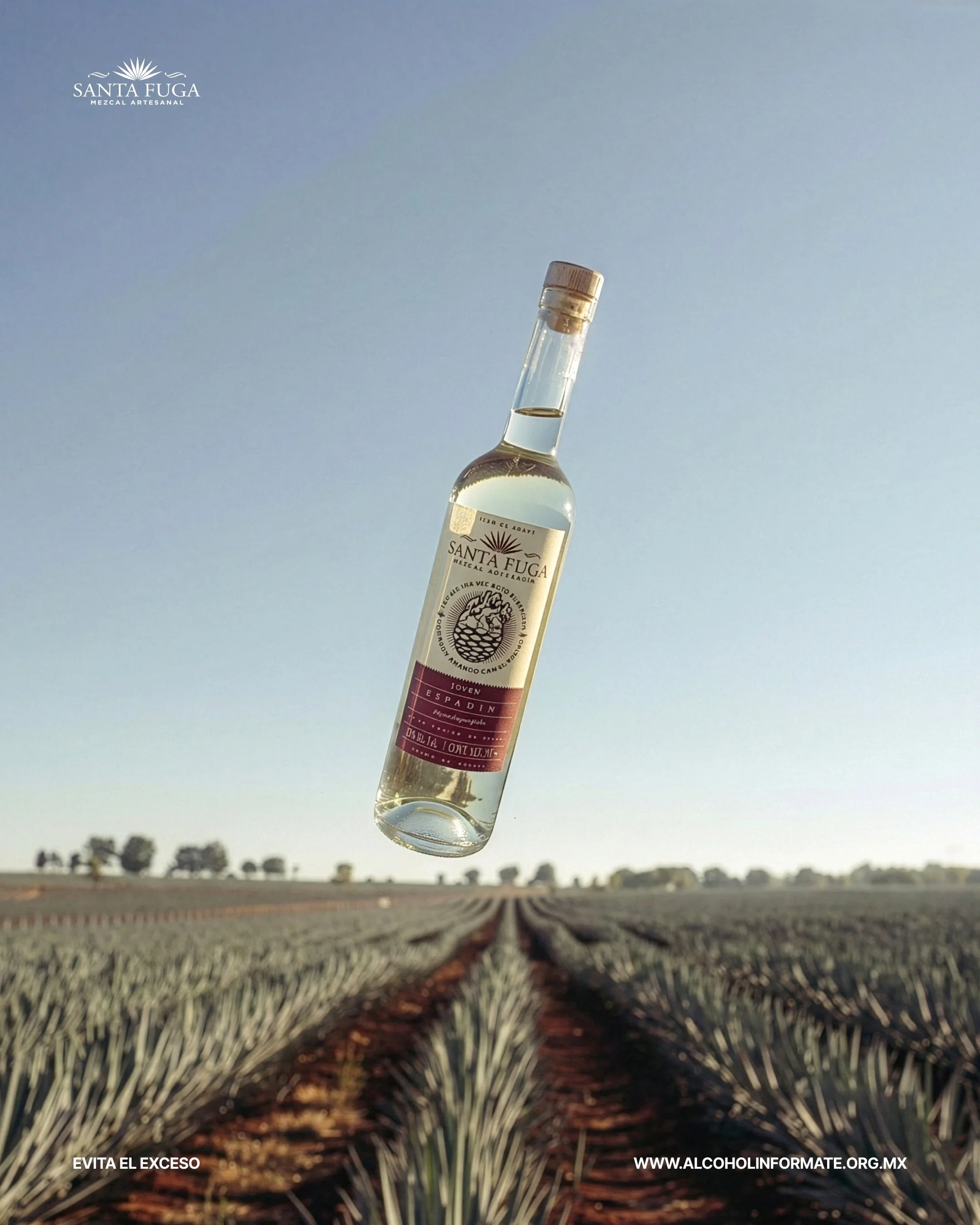 Una botella de tequila flotando sobre un campo de agaves en un día soleado.