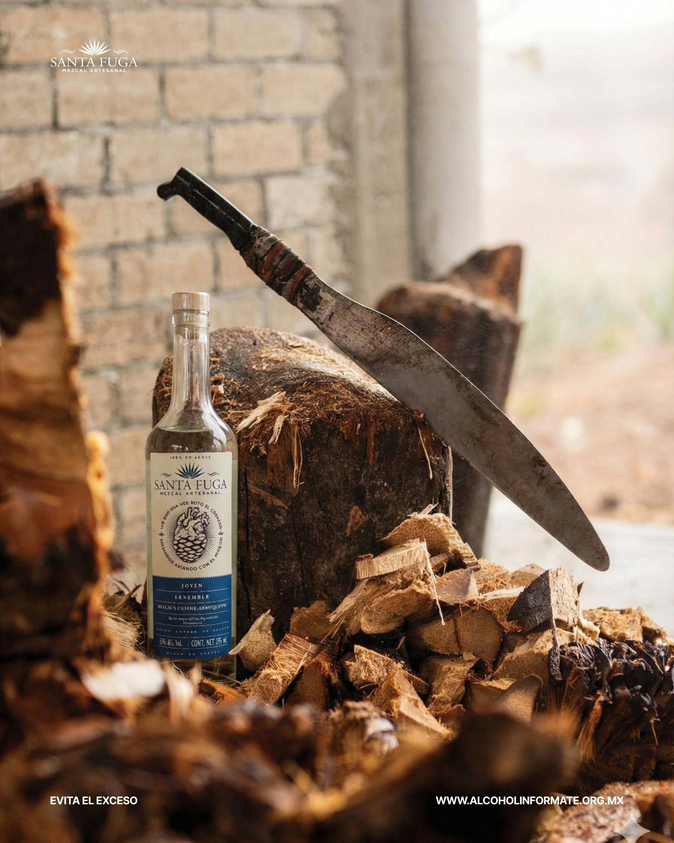Botella de mezcal Santa Fuga, pedazos de madera y un machete en un entorno rústico con fondo de pared de ladrillos.