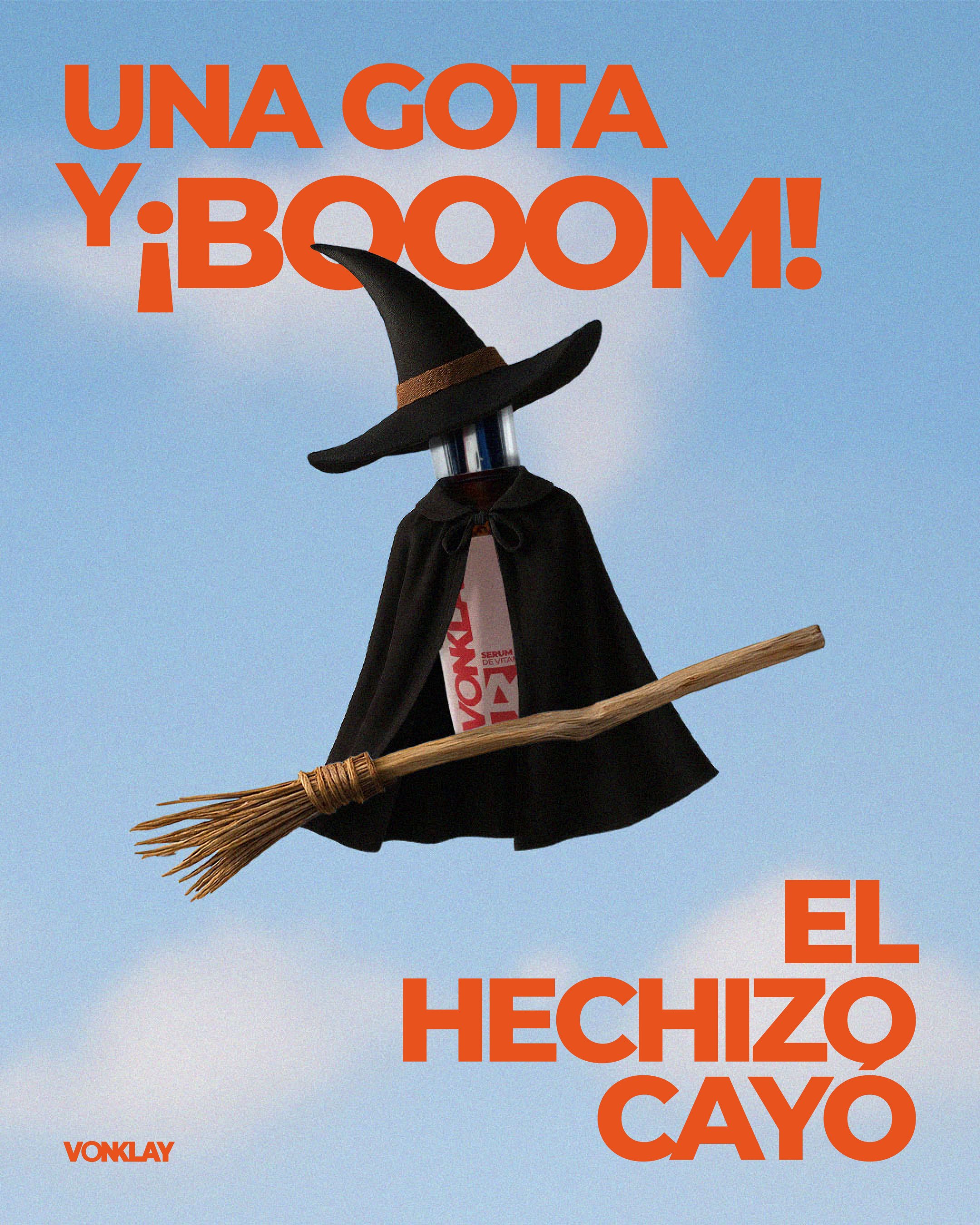 Ilustración de una botella de vino con sombrero de bruja, capa negra y escoba, volando en un cielo azul con nubes, acompañada del texto en español: "Una gota y ¡BOOM! El hechizo cayó."