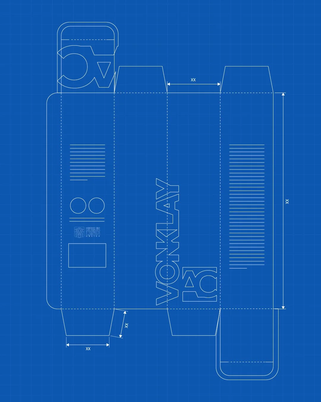 Plano técnico de una caja de cartón con la palabra 'VONLAY' impresa. La caja tiene líneas de ventilación, un área marcada para una etiqueta y un diseño de barra de código.