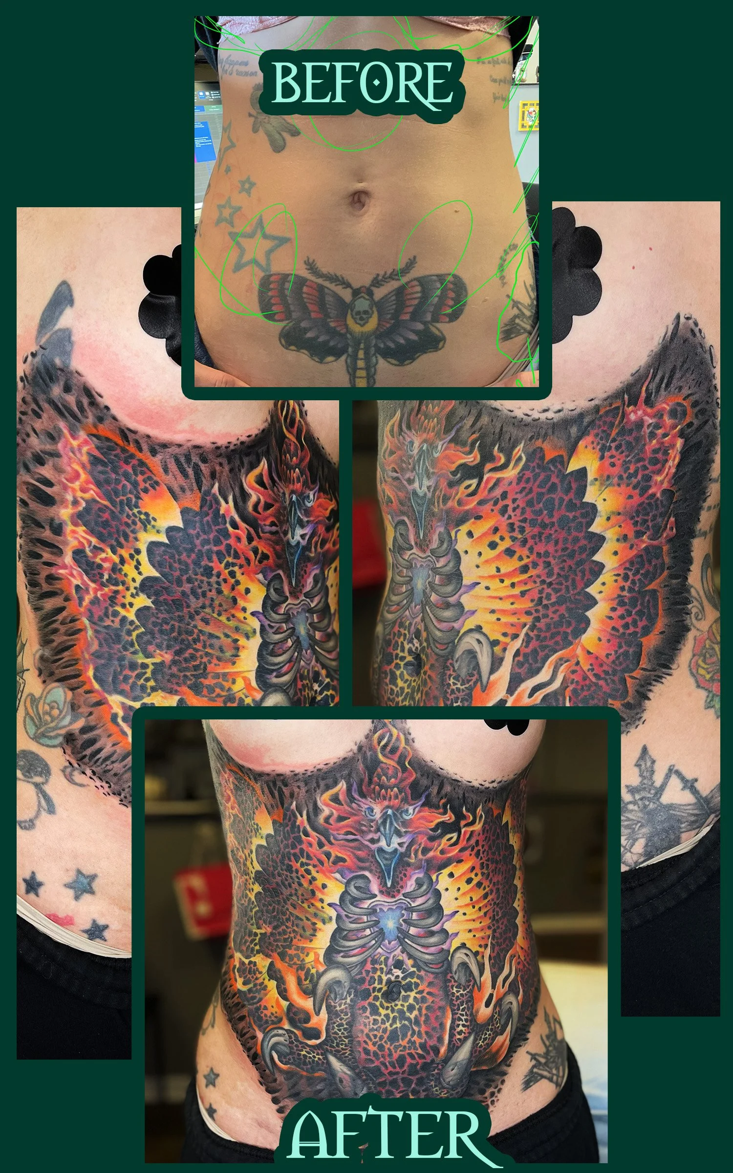 A Lovely Phoenix tattoo that covers a Female Front Torso. It Accentuates Her Hips and Breasts and Flows with her Ribcage. Color Illustrative Realism  
