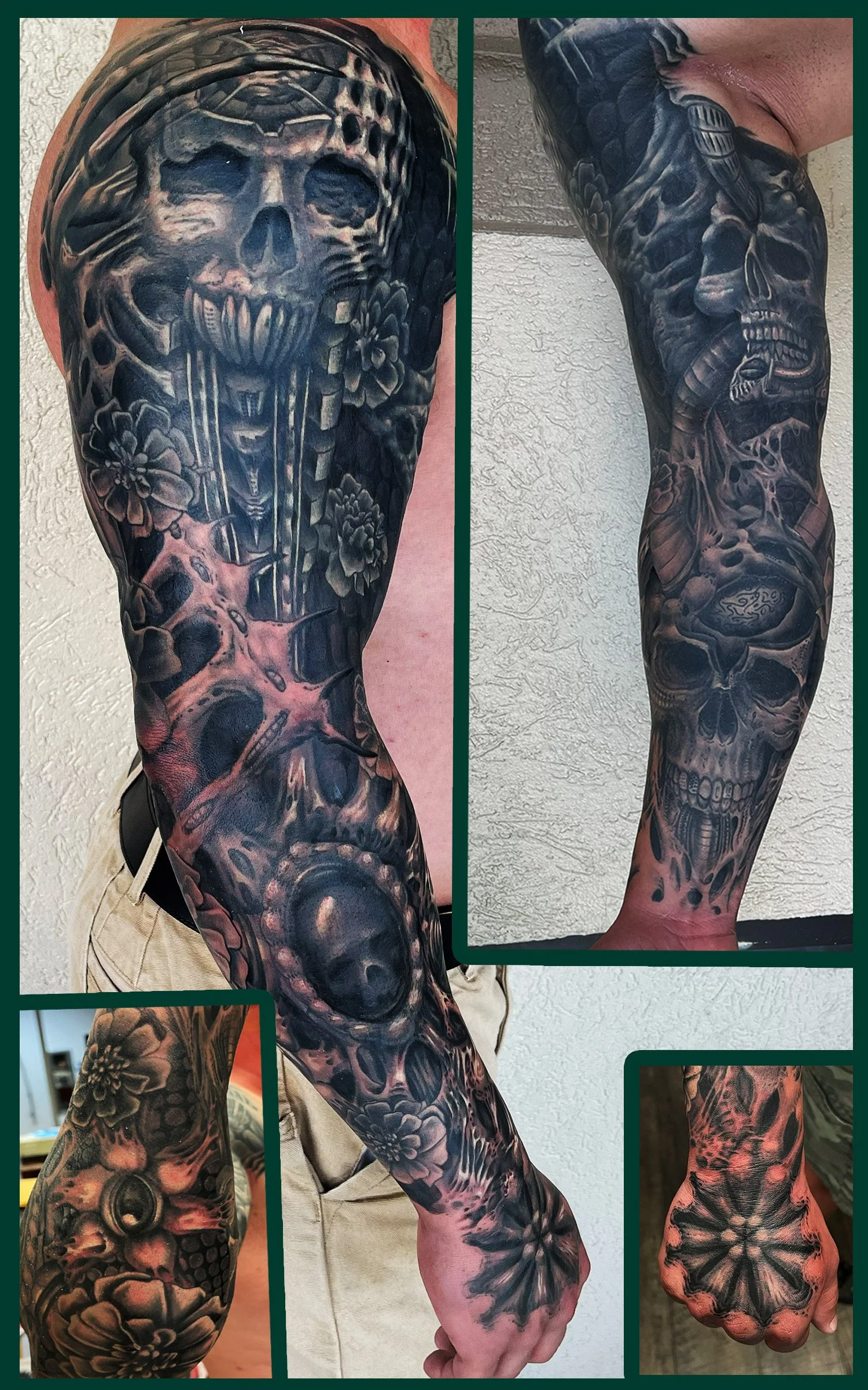 Biomechanic tattoo sleeve featuring teeth tentacles and skulls with texture and patterns of industry. 