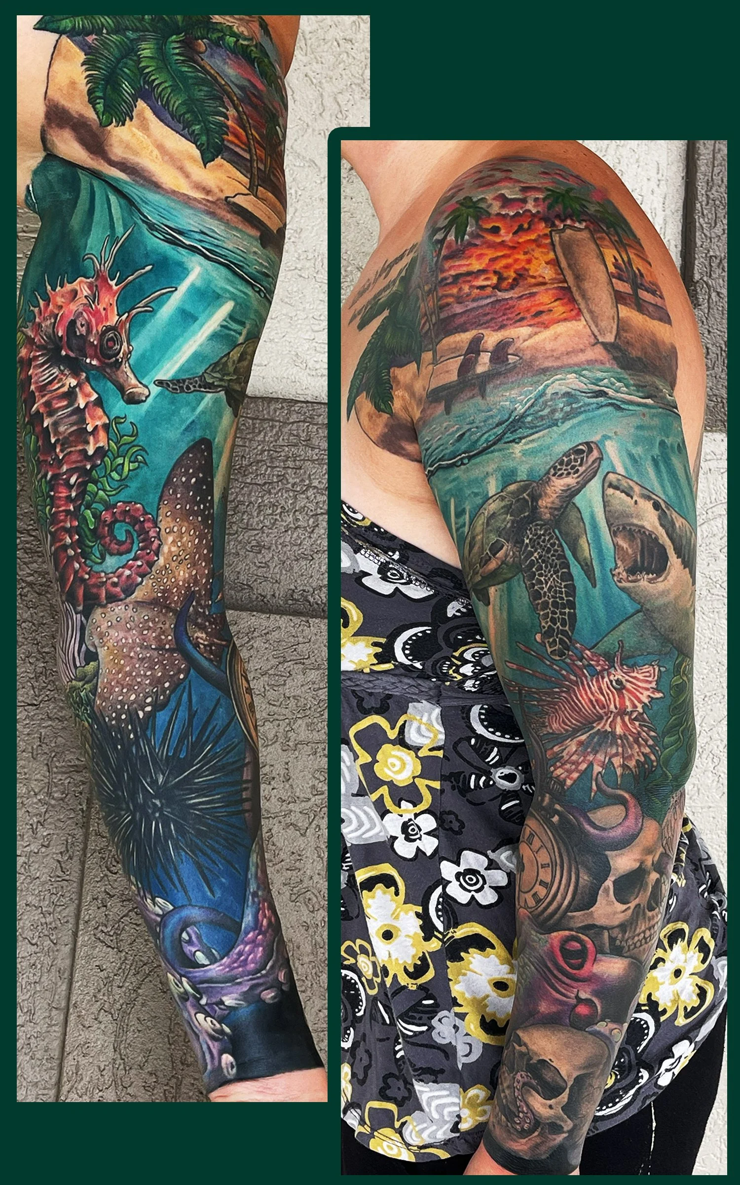 A Beautifully done illustrative realism color seascape of a sunset over an island going into an underwater collage of seaturtles, sharks, stingrays, lionfish, skulls etc. 