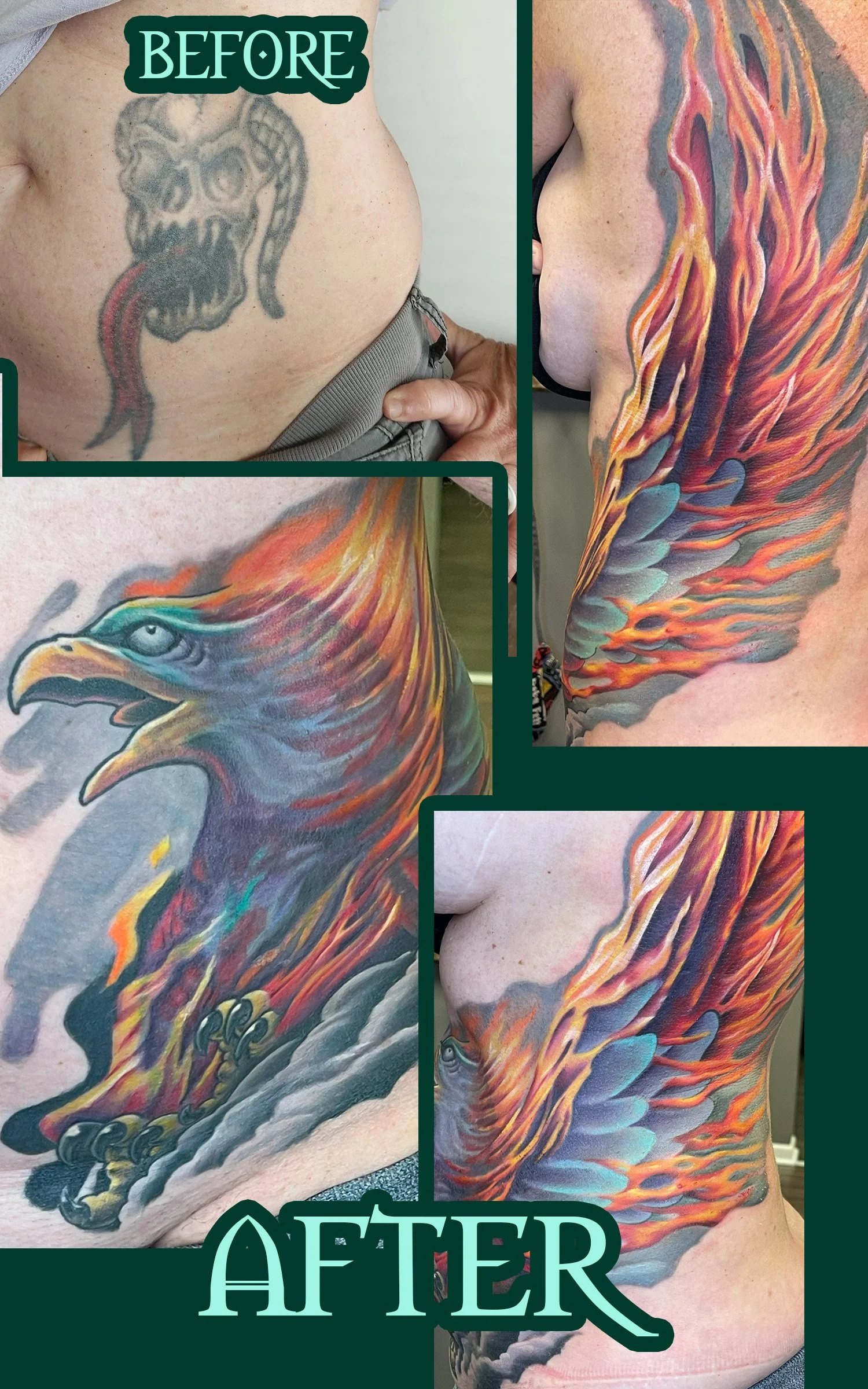 A color Phoenix tattoo that covers half a femal's stomach and wraps onto her ribs, up her back to end just under her shoulder. Color realism coverup 