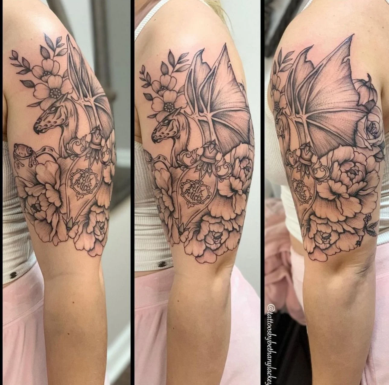 To have beheld a thestral you have beheld death. This classic Harry Potter creature in all its beauty is features with an artfully crafted Luck Potion from the same universe. Bethany carefully arranged peonies to create a wonderfully balanced arm ta