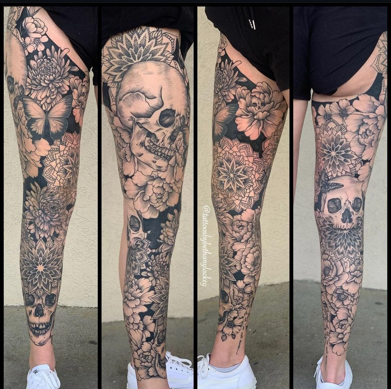 A garden if delights, this pleasing ensemble of spirituality graces this tattoo collector's leg with life with death and the hypnotic patterns of nirvana.