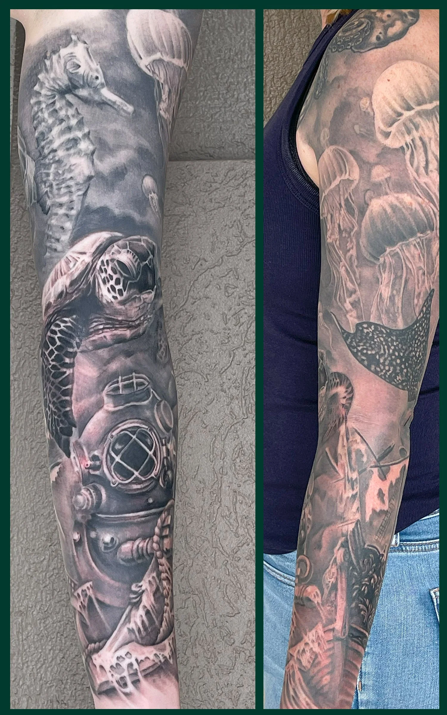 A Black and gray Realism Tattoo Sleeve of an underwater scene featuring a sea turtle, jellyfish, a seahorse, a diving helmet and a sunken ship 
