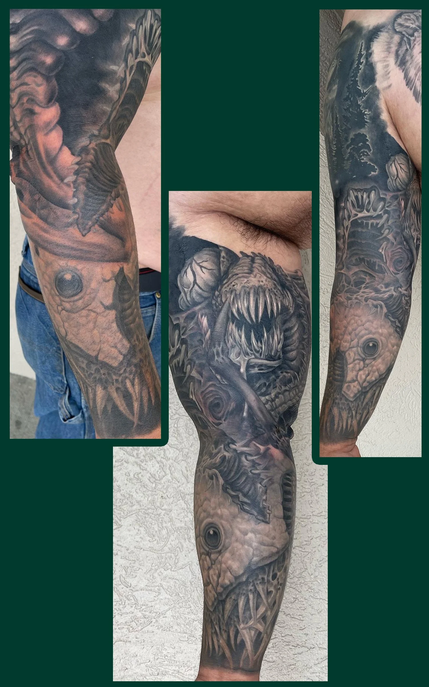 Creature from The Tomorrow War as a half sleeve tattoo done in black and gray realism