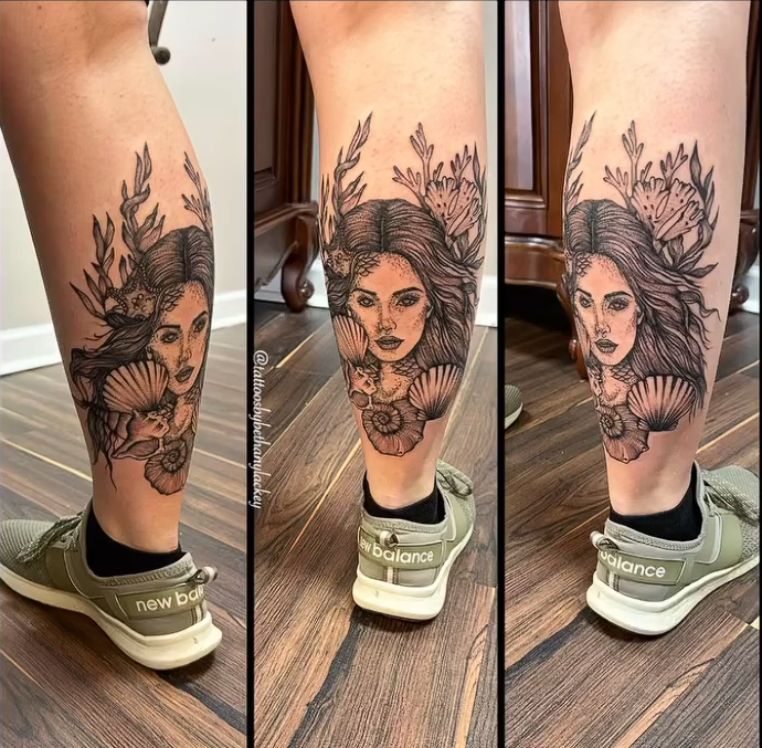 The siren's song will summon you. Desire damns the unlucky listener. It's a good thing this beauty is but a tattoo. Bethany portrayed the beauty of the siren by carefully crafting scales about her features. She framed her with seashells below and ut