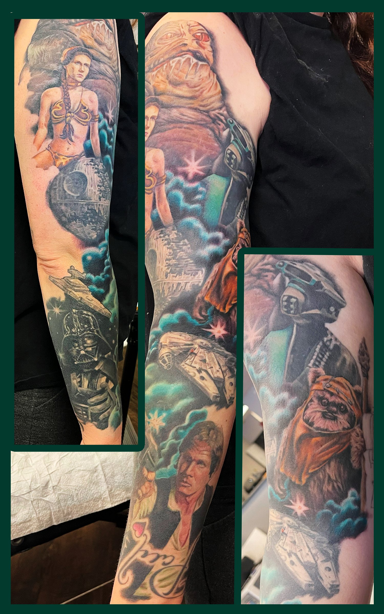 A Female Tattoo Sleeve of Starwars characters Darth Vader, Wookies, Jaba the Hut, Princess Leia, hans solo, ewoks