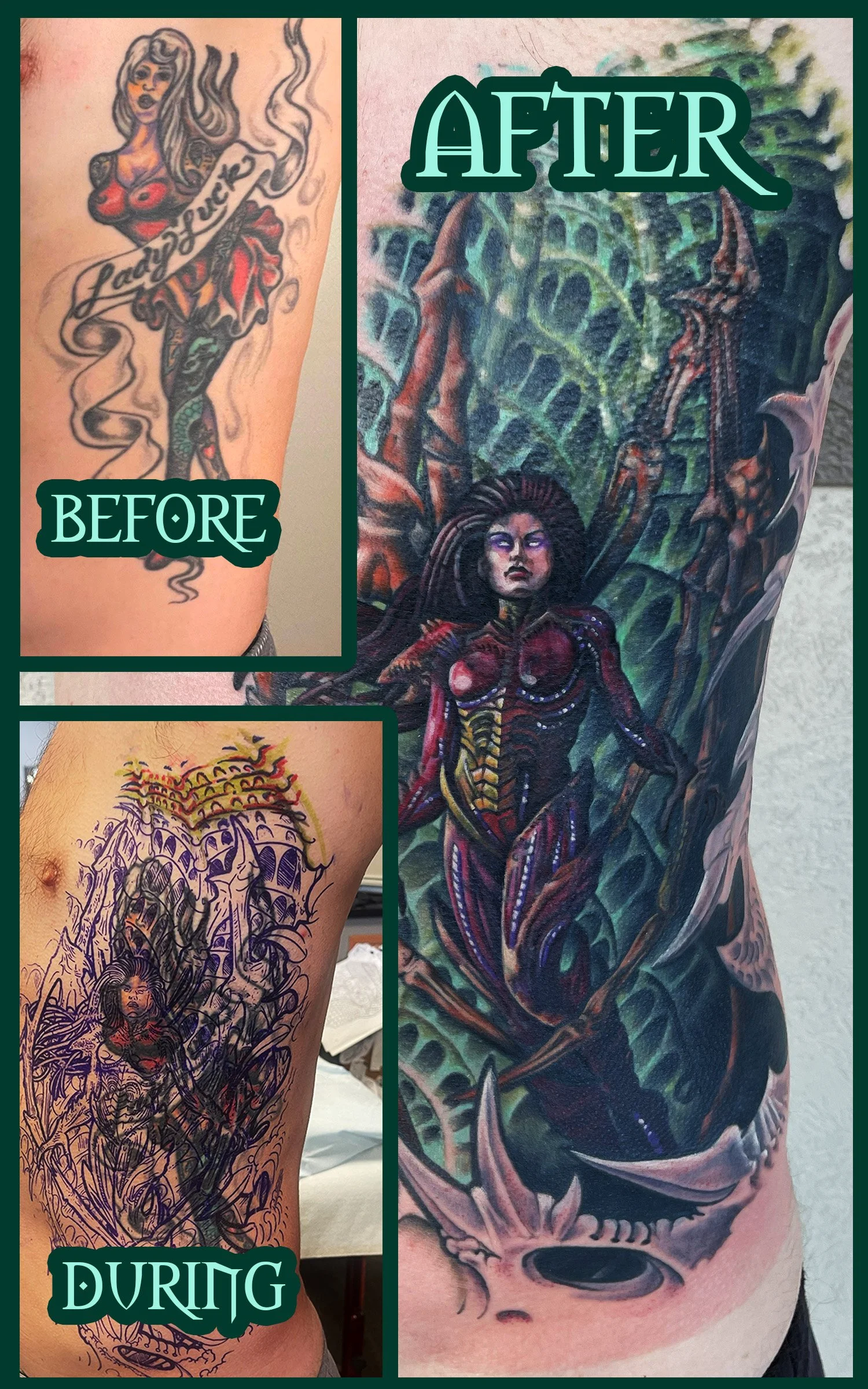 A Very Challenging Coverup of a Pinup Girl by Kerrigan from Starcraft video game with an HR Giger inspired color backdrop and bordered by biomechanical designs