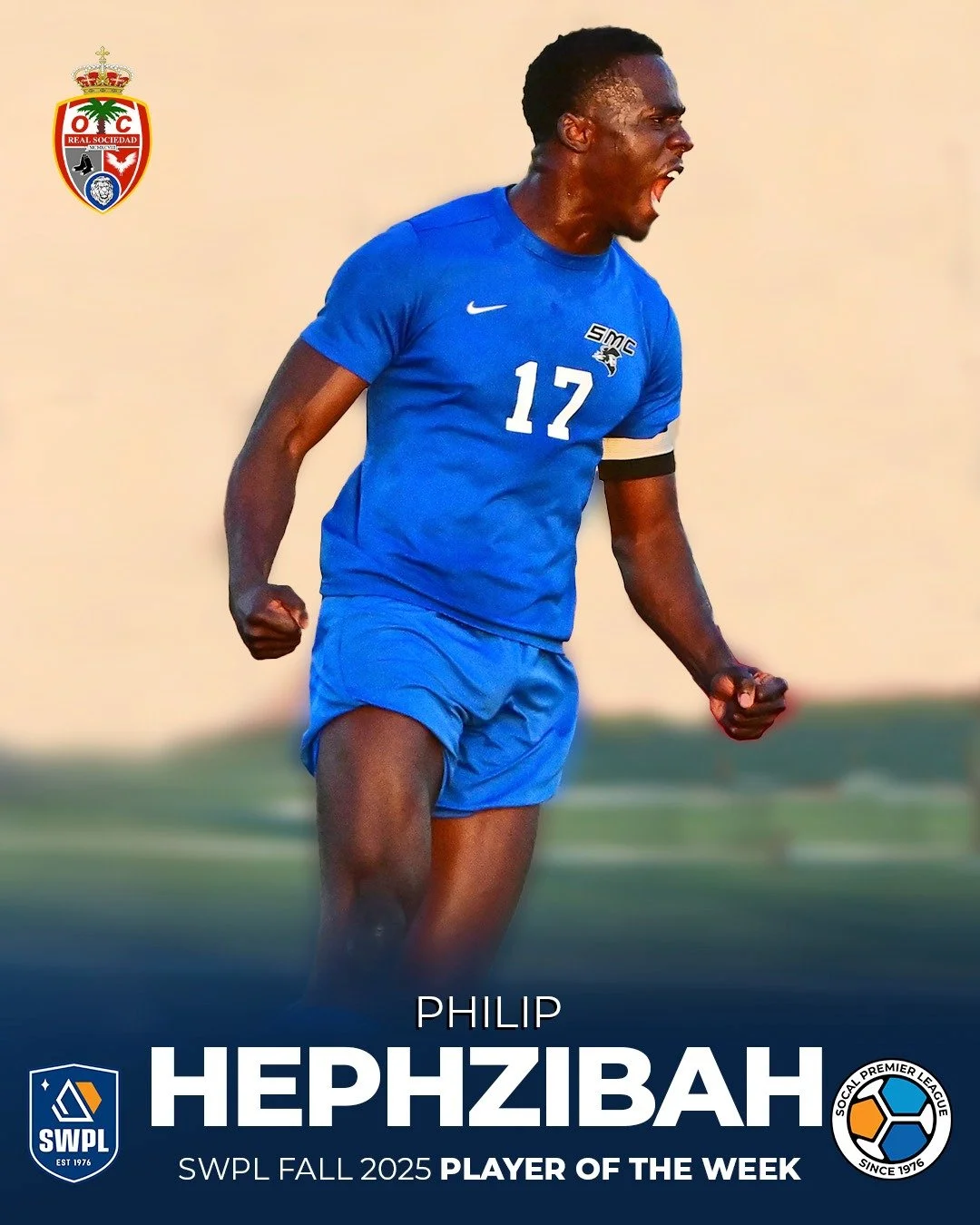 Real Sociedad O.C. forward Philip Hephzibah has been selected Southwest Premier League Player of the Week for Oct. 27-Nov. 2.&nbsp;

Hephzibah scored four goals for Real Sociedad O.C. as they defeated Artesia DES FC 6-2 in a match for the SoCal Premi