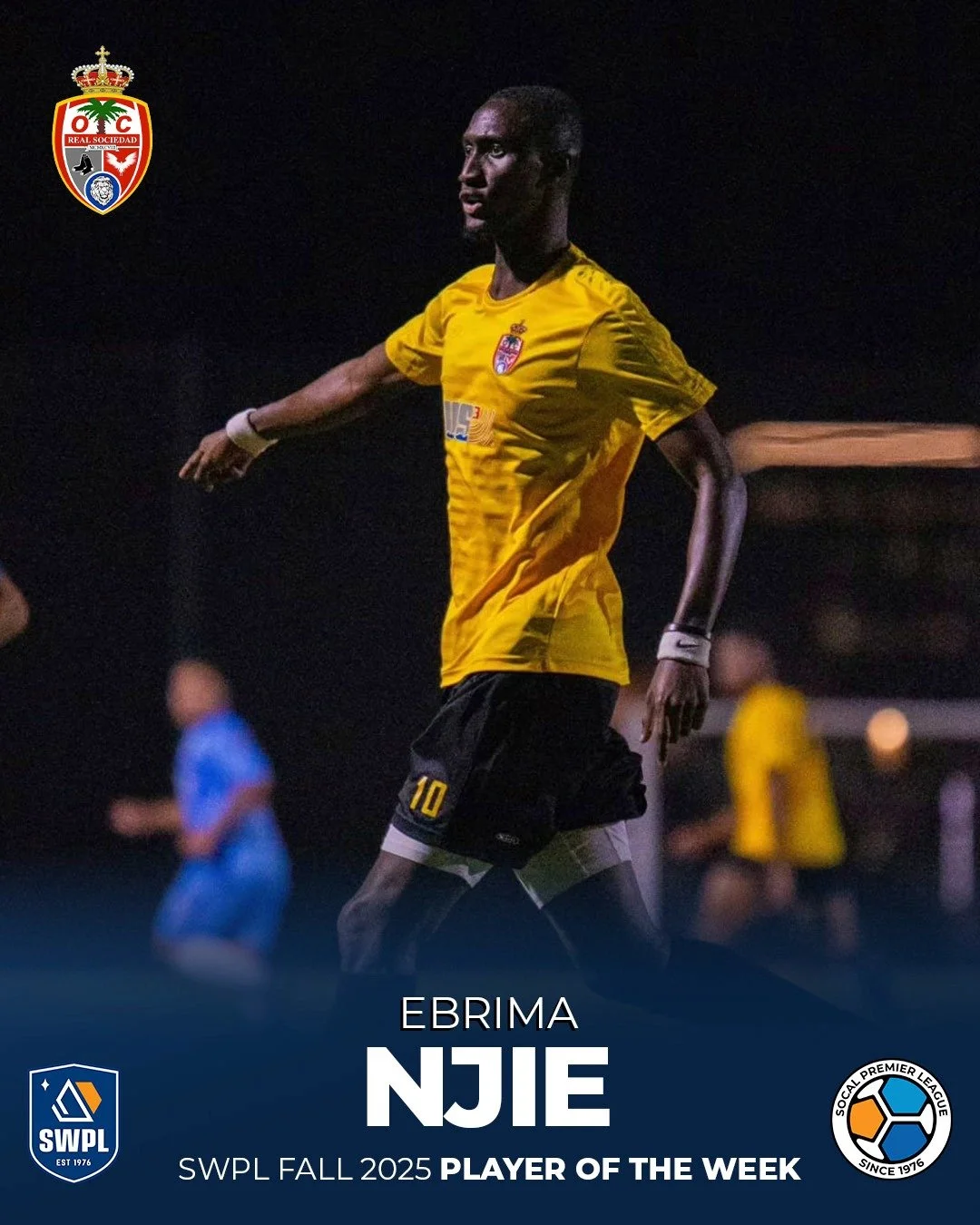 Real Sociedad O.C. forward Ebrima Njie has been selected Southwest Premier League Player of the Week for Nov. 3-9. 

Njie scored a hat-trick and assisted once for Real Sociedad O.C. as they defeated AMSG Elite 8-1 in a match for the SoCal Premier Lea