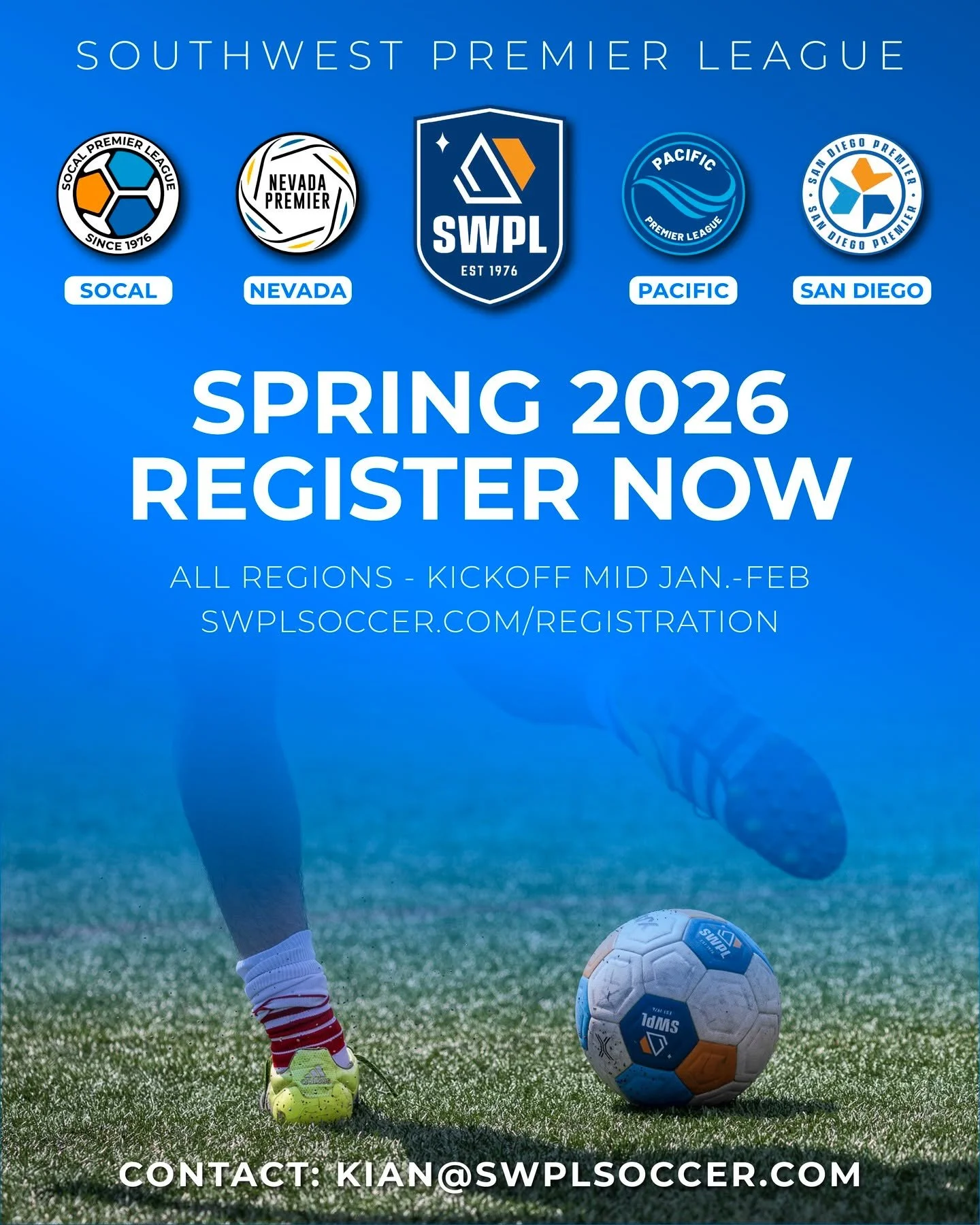 Registration for Spring 2026 is now open! Contact Kian or your region's representative with any questions. www.swplsoccer.com/registration
