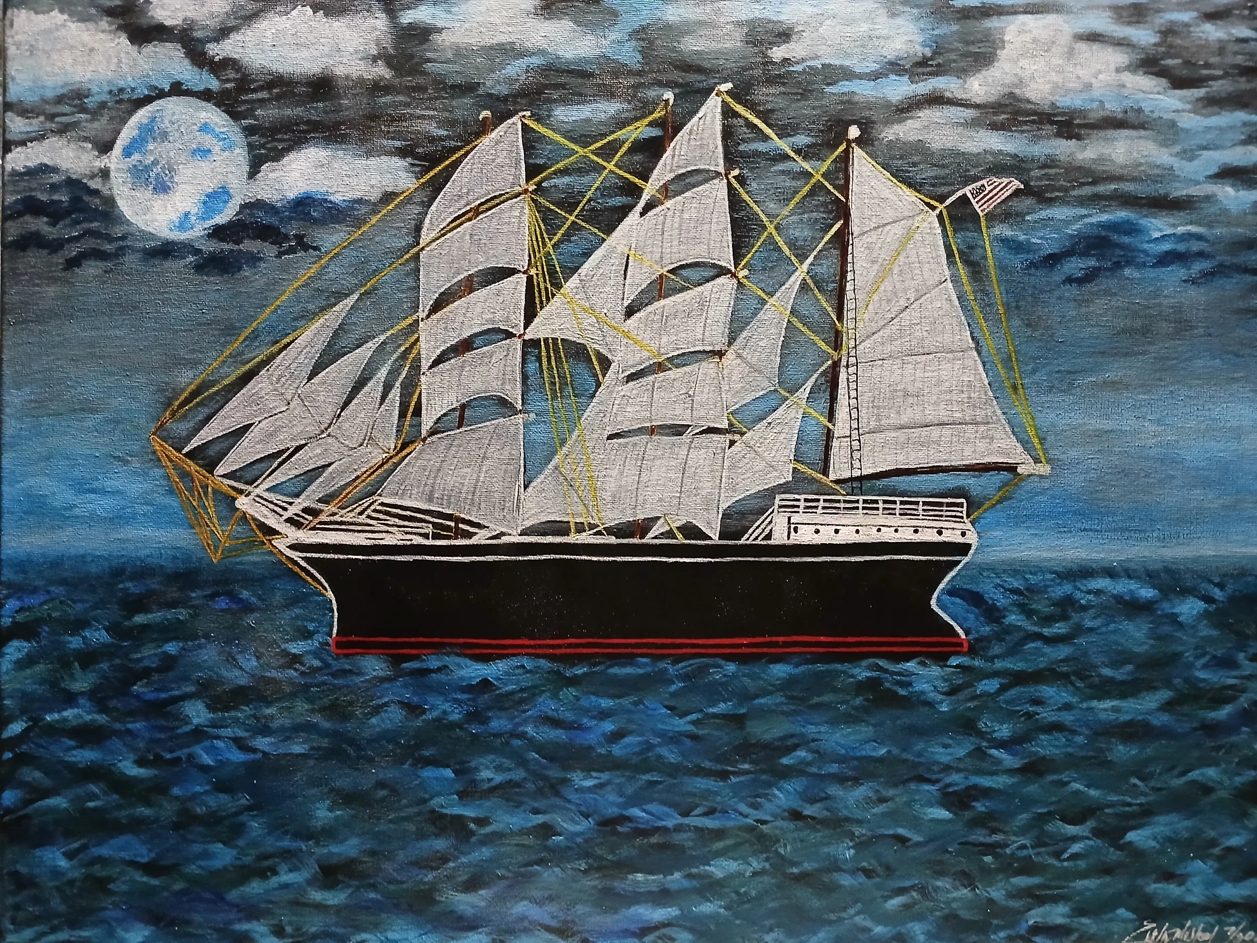 A painting of a black sailing ship with white sails on a dark ocean under a cloudy moonlit sky.
