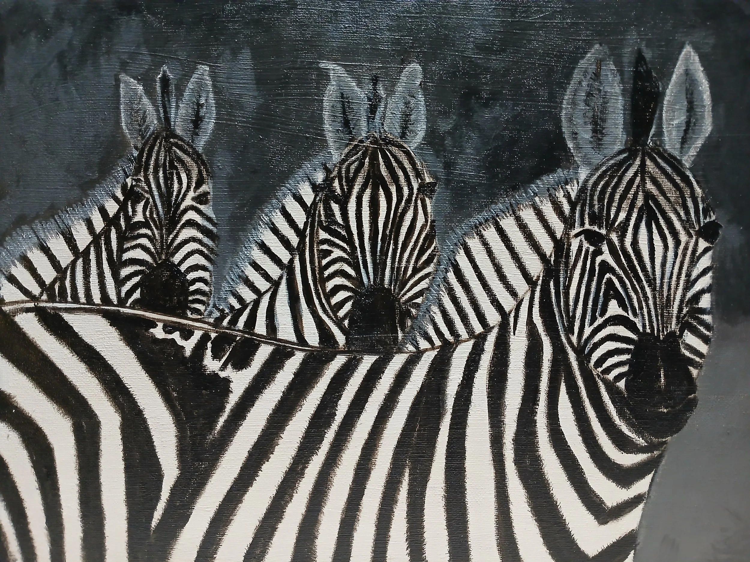 Black and white painting of multiple zebras with striped patterns, some part of the zebras' heads and bodies are visible.