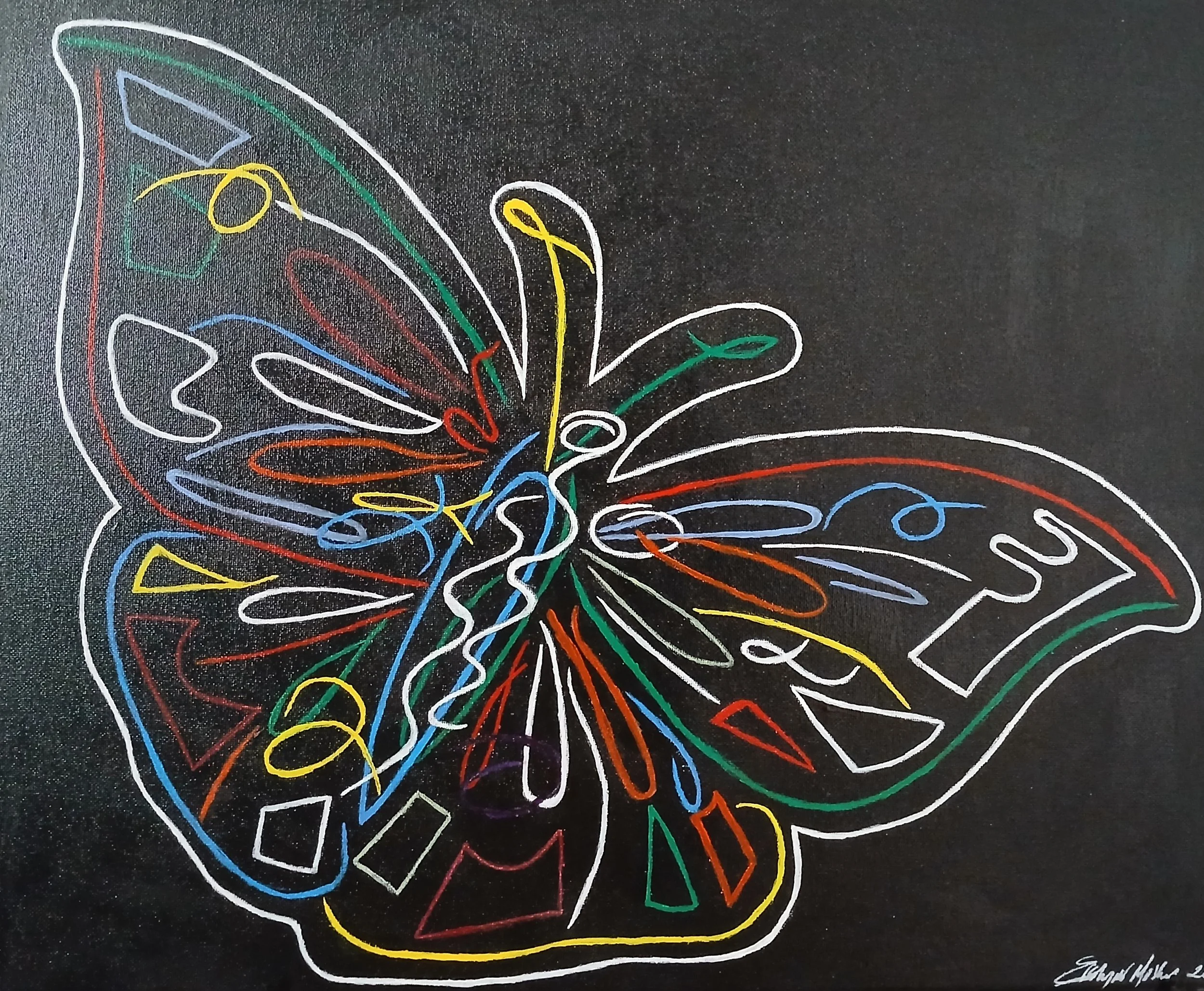 Colorful neon-style outline drawing of a butterfly with abstract patterns on black background.