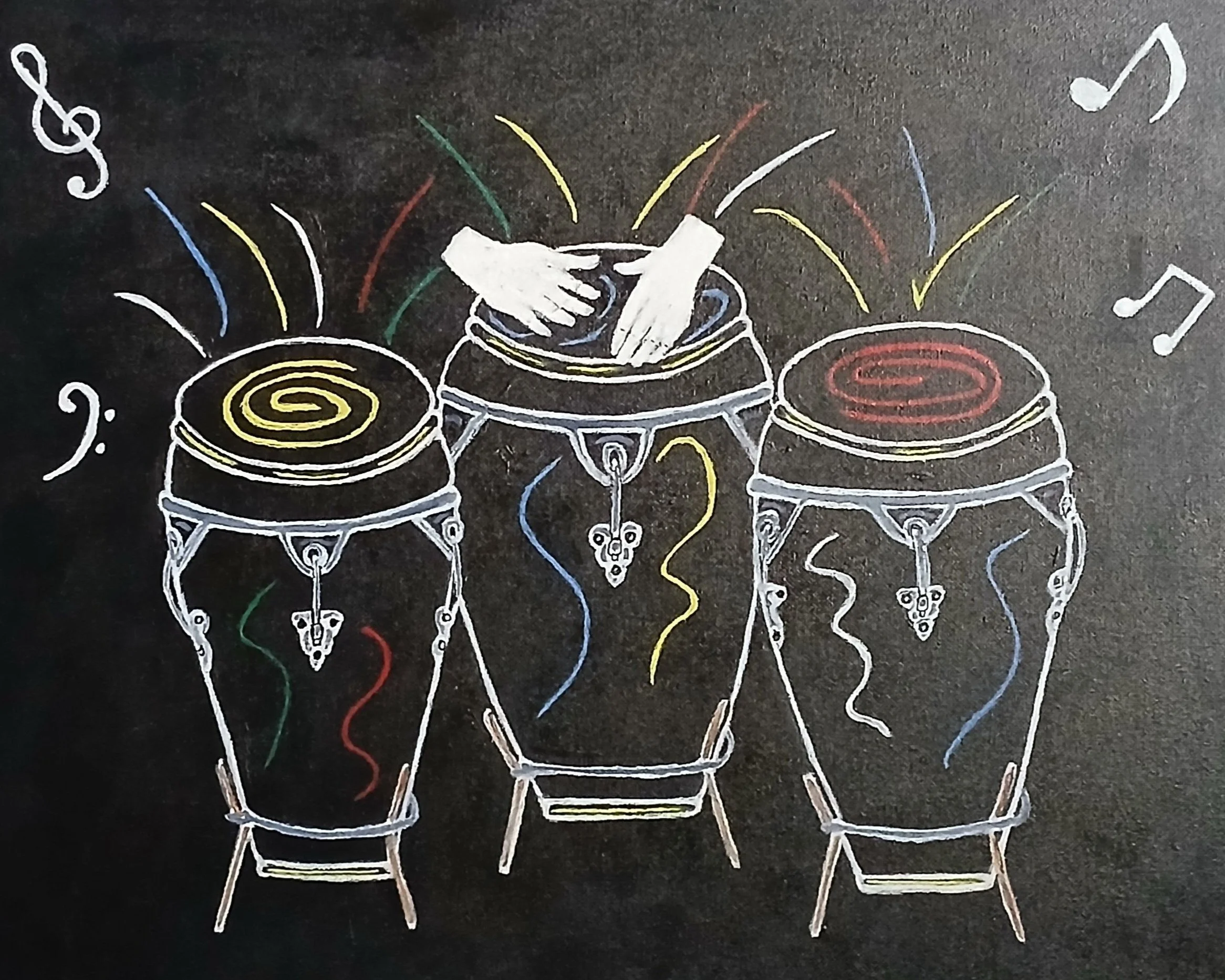 Chalk drawing of three drums with colorful musical notes and squiggly lines around them, with hands playing the middle drum.