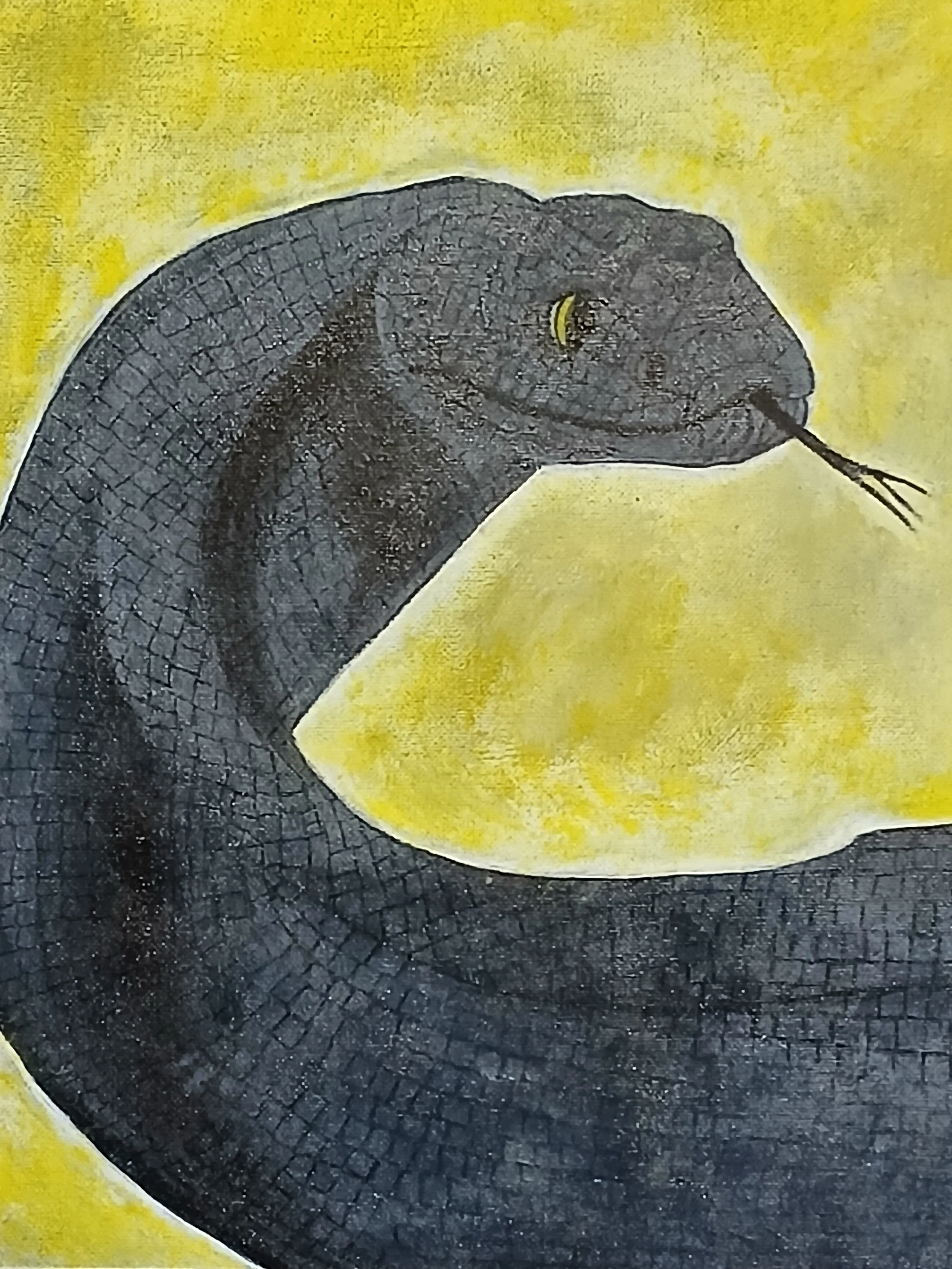 Painting of a black snake with yellow eyes and tongue against a yellow background.