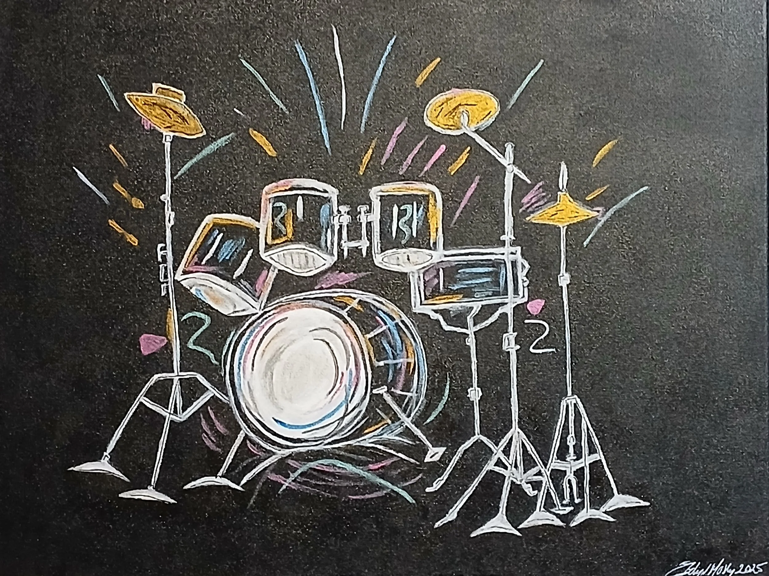 Colorful chalk drawing of a drum set on a black background. The drum set includes a bass drum, two toms, and cymbals on stands, with neon-like accents and dynamic lines suggesting motion.